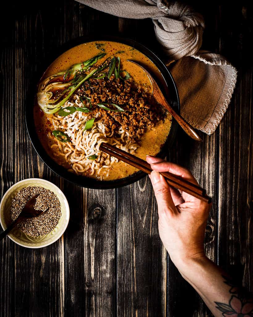 vegan Japanese tantan soup with chopsticks