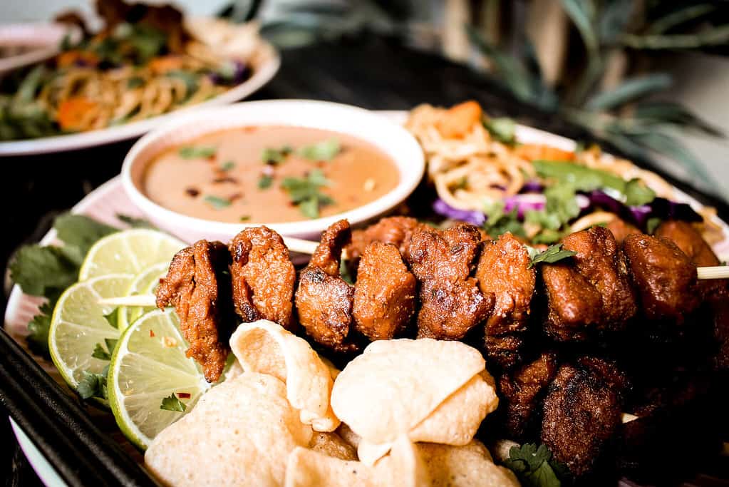 picture of vegan satay with bami goreng