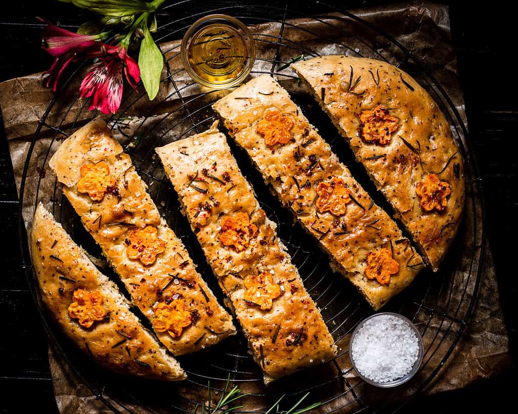 vegan sweet potato focaccia cut in pieces