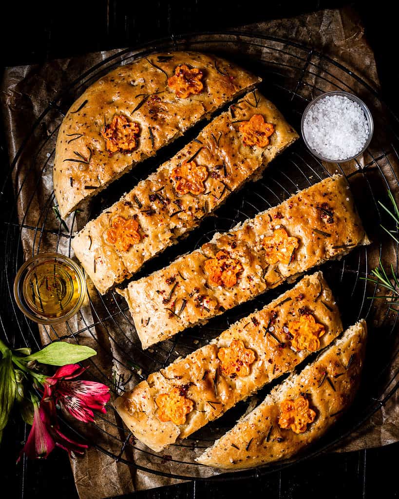 vegan focaccia in pieces for vegan brunch 