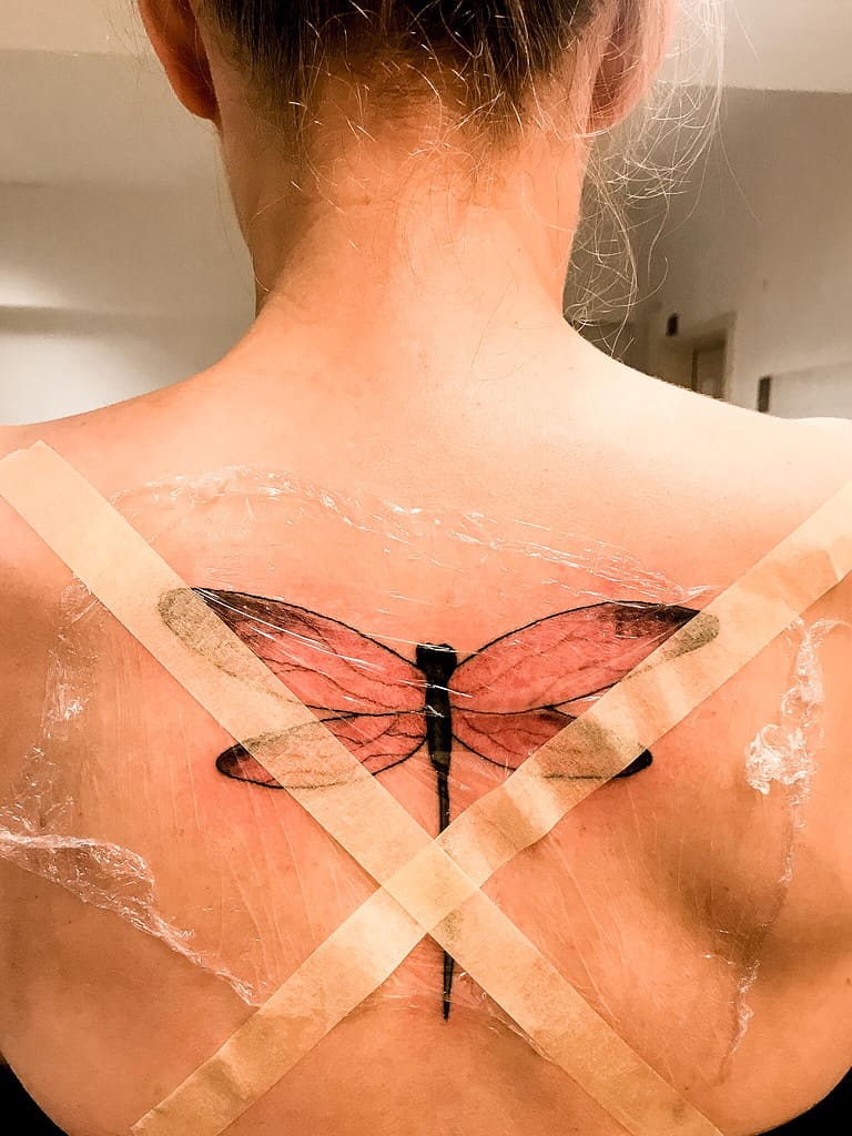 picture of vegan dragonfly tattoo in progress