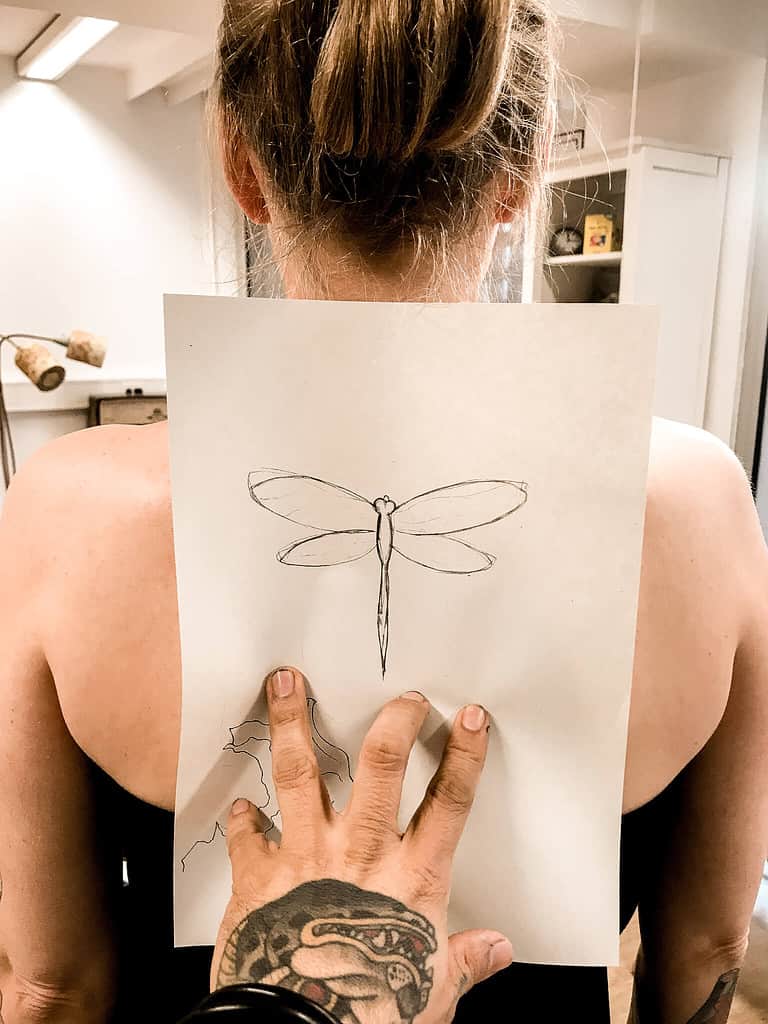 picture of vegan dragonfly tattoo in progress