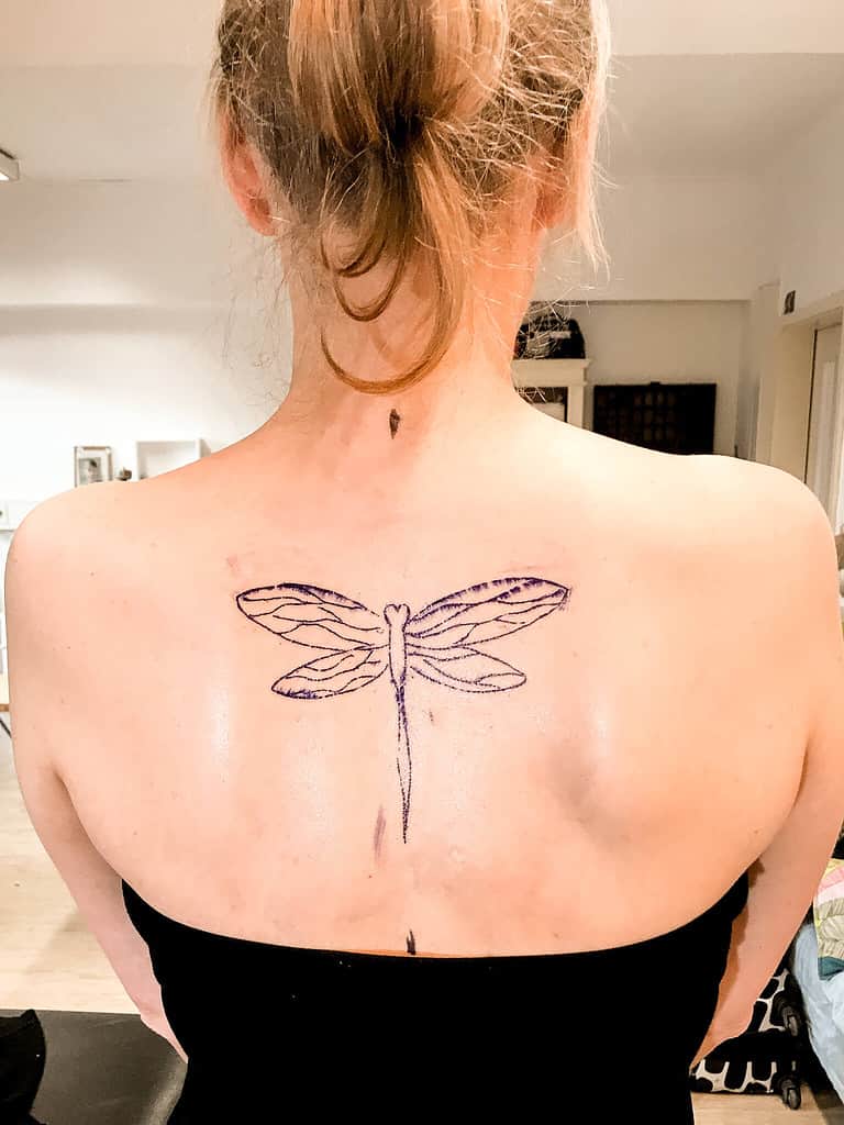 picture of vegan dragonfly tattoo in progress