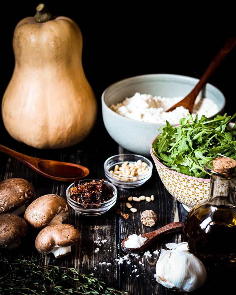 Picture of ingredients for vegan butternut mushroom ravioli
