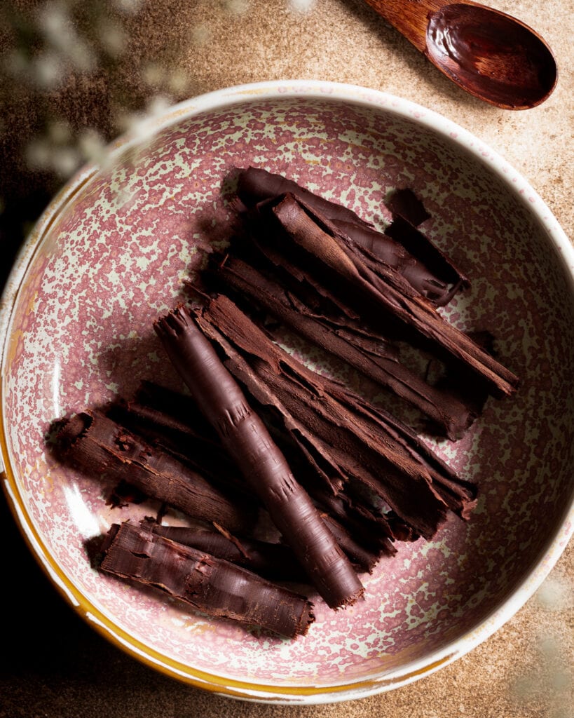 chocolate curls in bowl