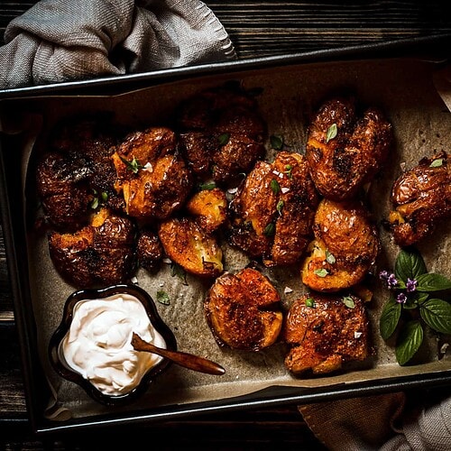 picture of smashed pink potatoes