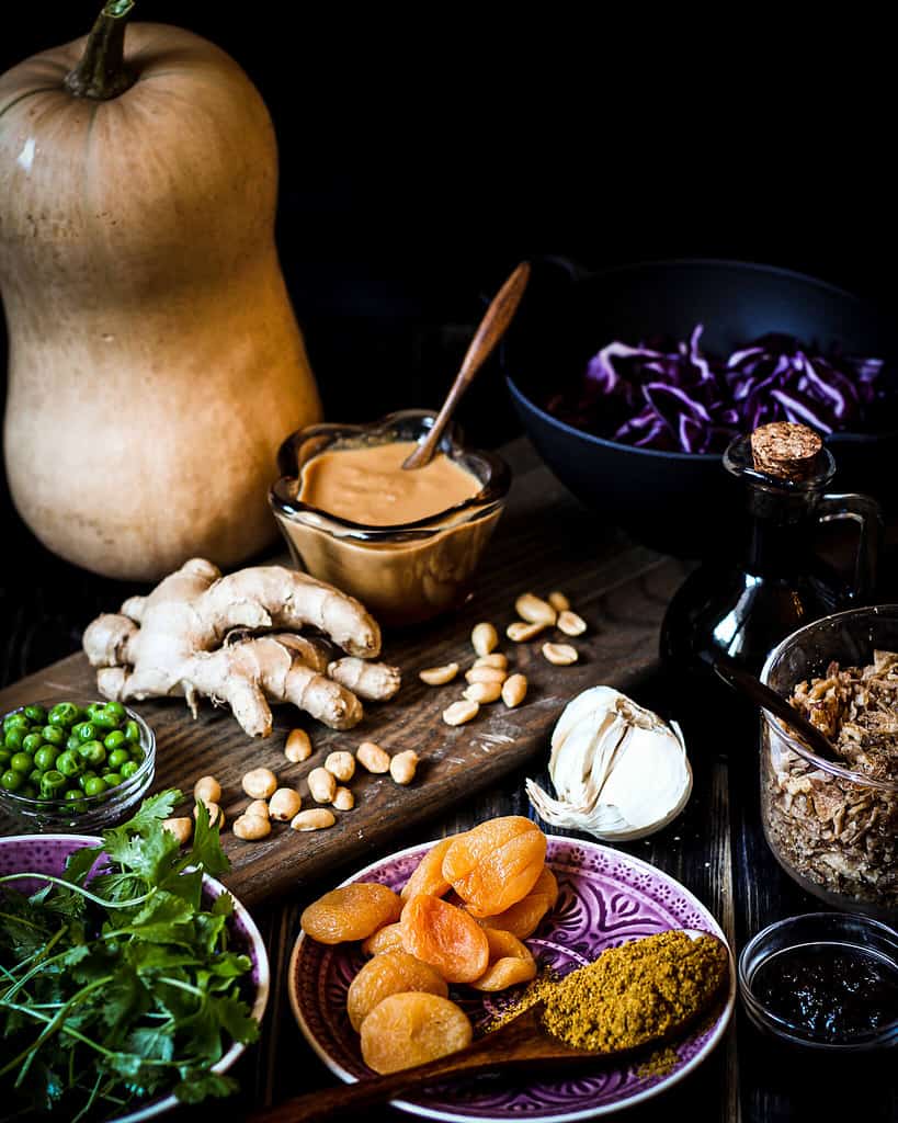 Zutaten für das Butternut-Aprikosen-Curry