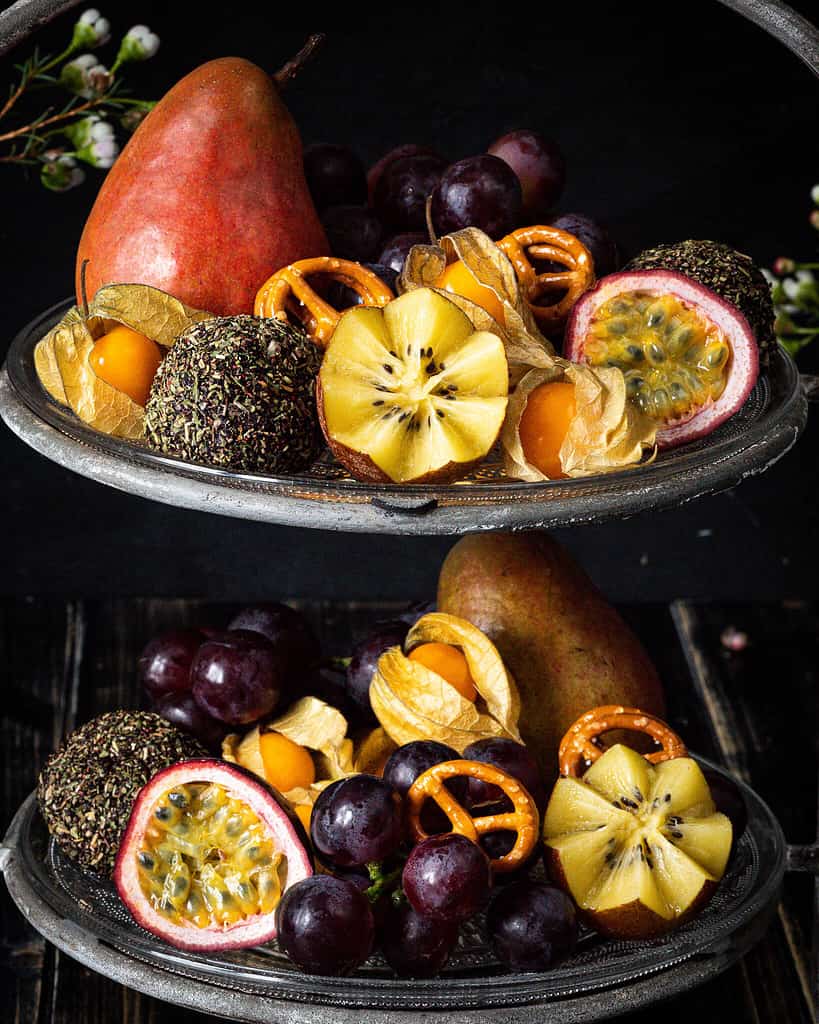 fruit platter with vegan cheese
