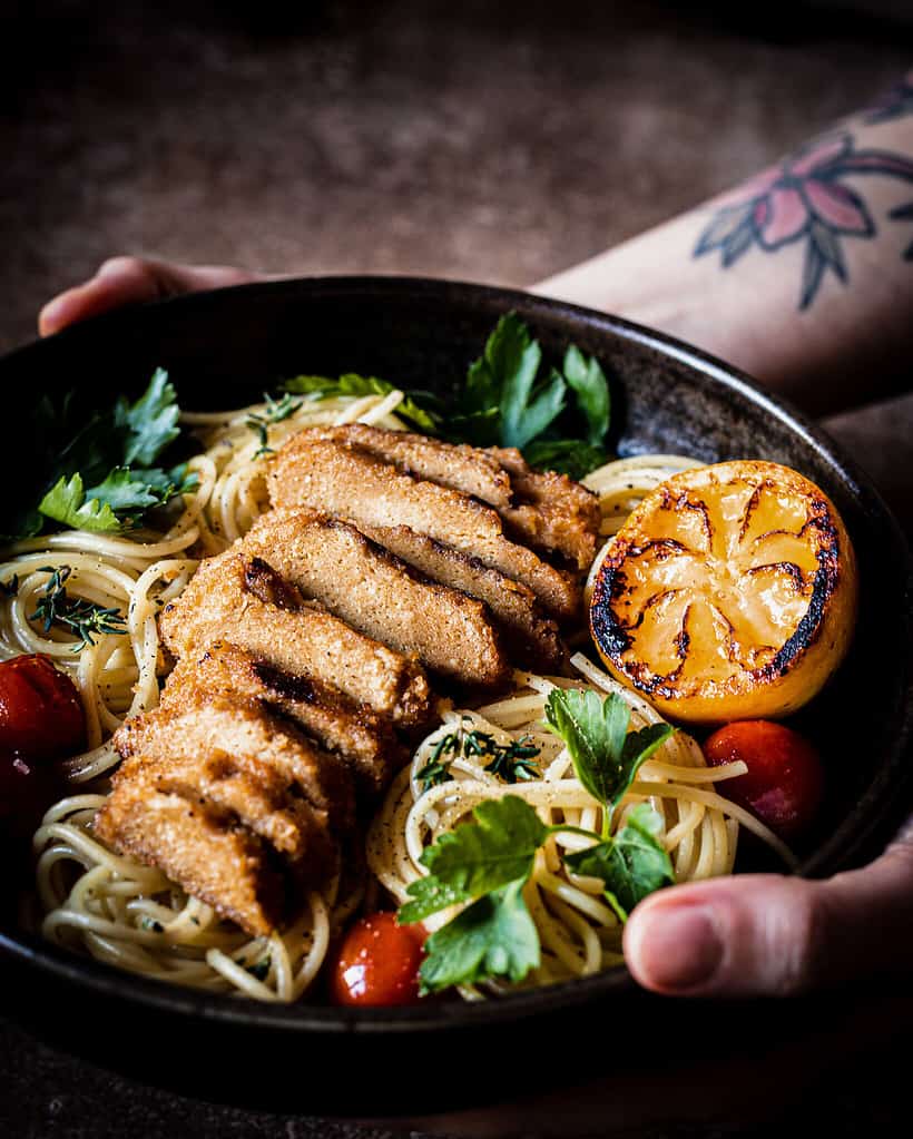 vegan lemon chickin with garlic spaghetti.