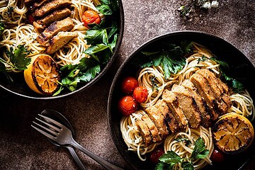 vegan lemon chickin with garlic spaghetti