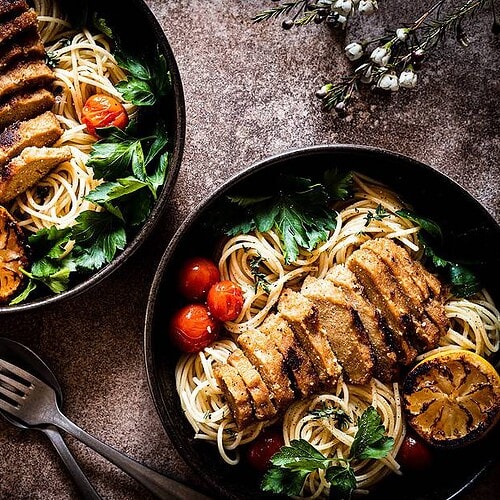 vegan lemon chickin with garlic spaghetti