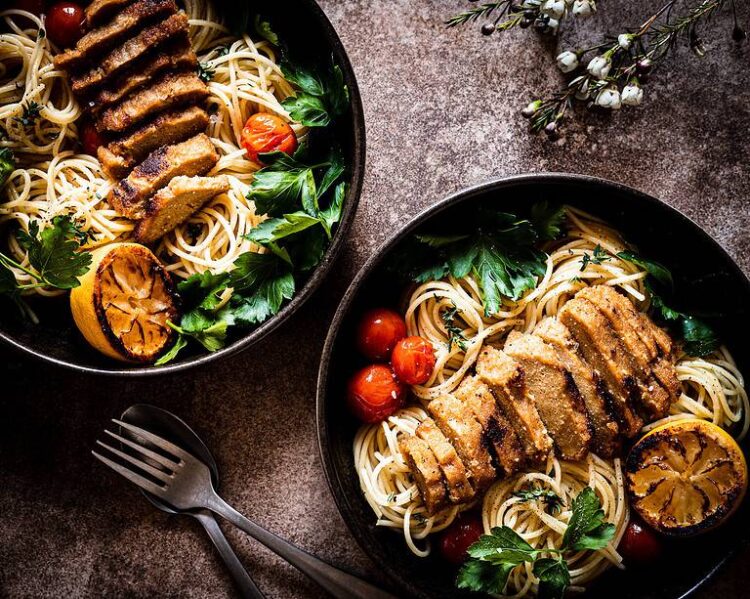 vegan lemon chickin with garlic spaghetti
