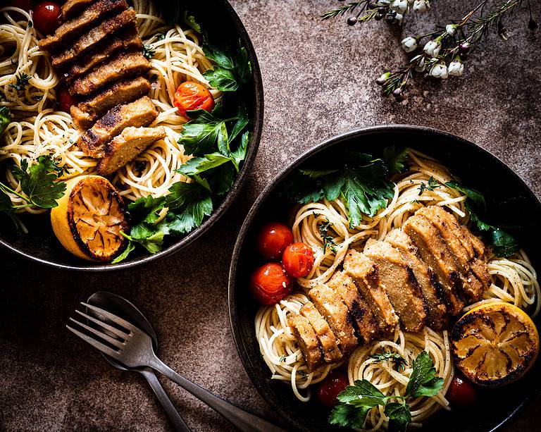 vegan lemon chickin with garlic spaghetti