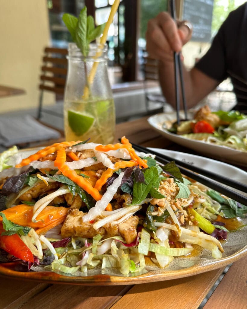 Chay long berlin reisnudeln mit gemüse, tofu und seitan