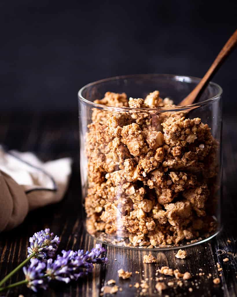 Almond Buckwheat granola clusters in a jar