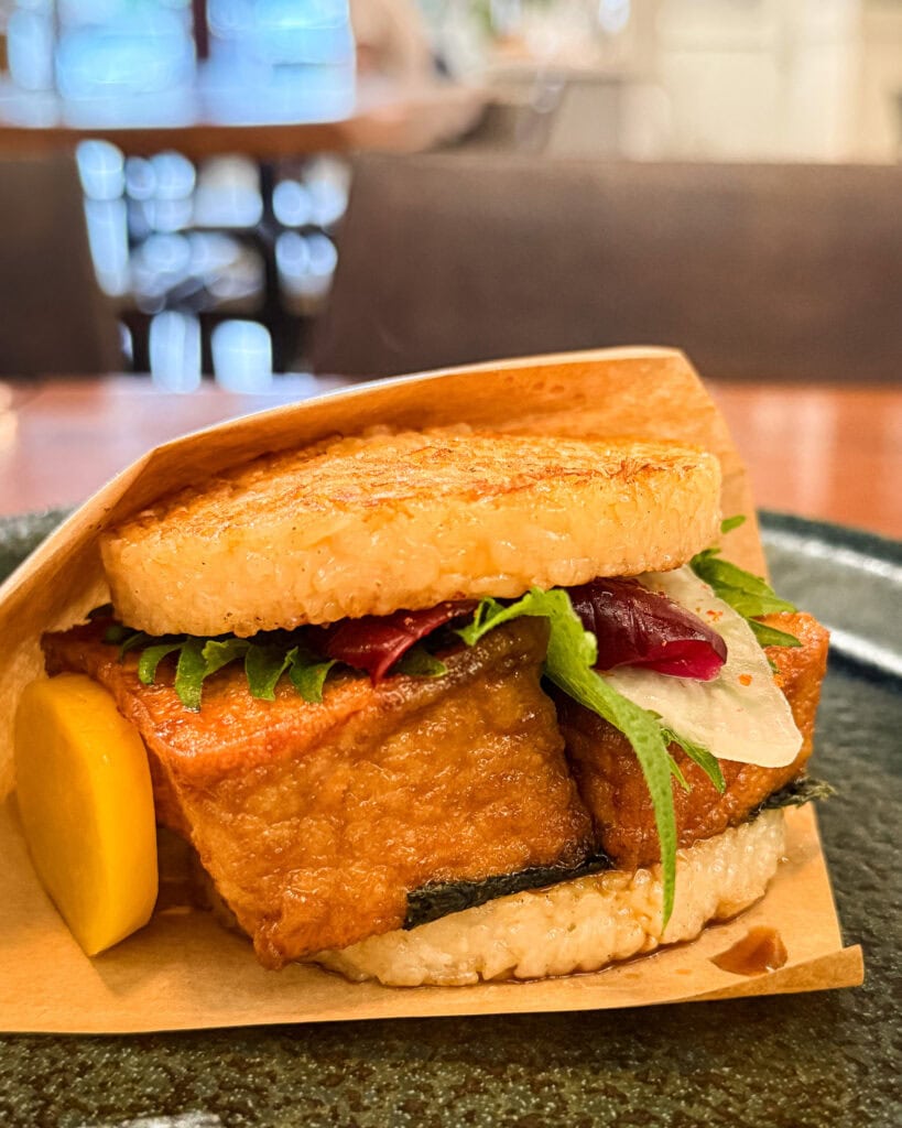 Vegan Atsuage Burger at Nakagawa Hatsumeido in Arashiyama