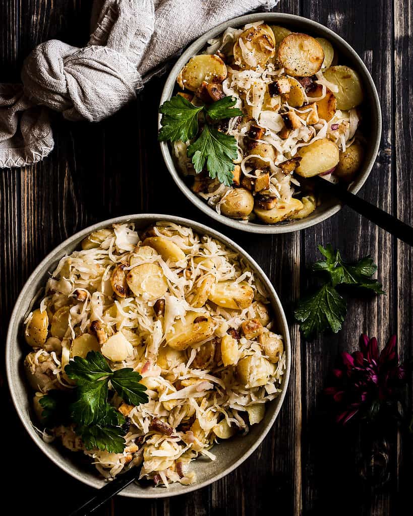 Hearty and healthy vegan sauerkraut skillet