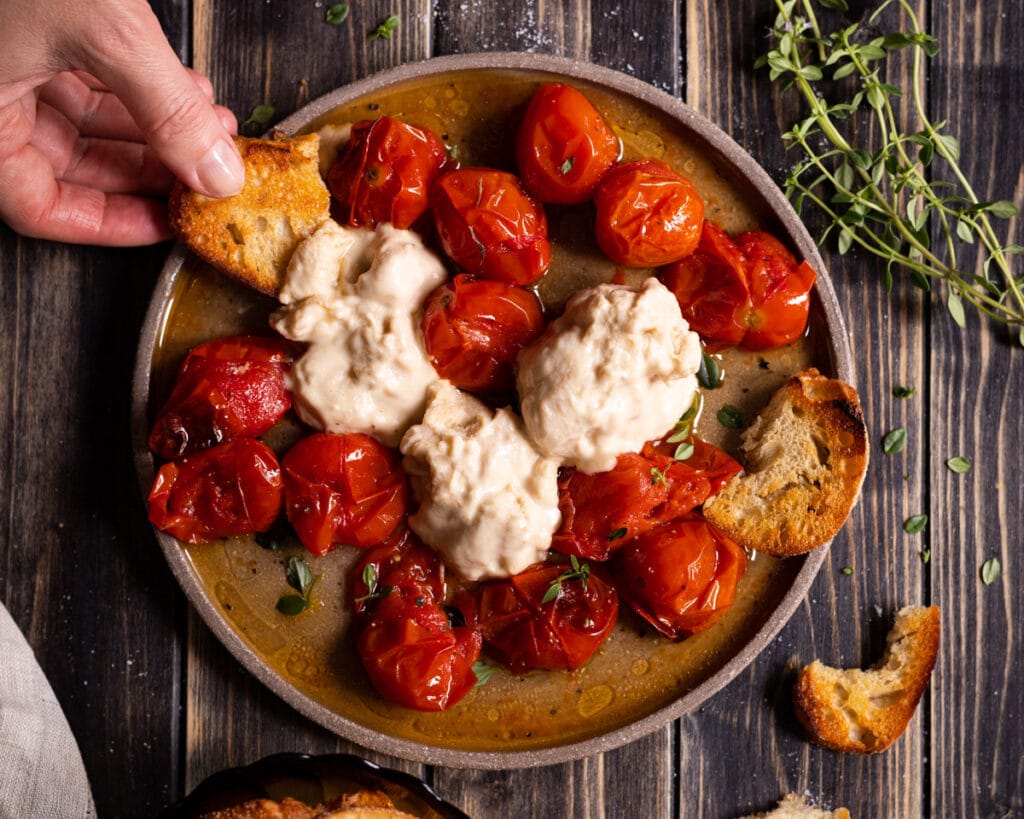 vegan almond mozzarella with oven tomatoes