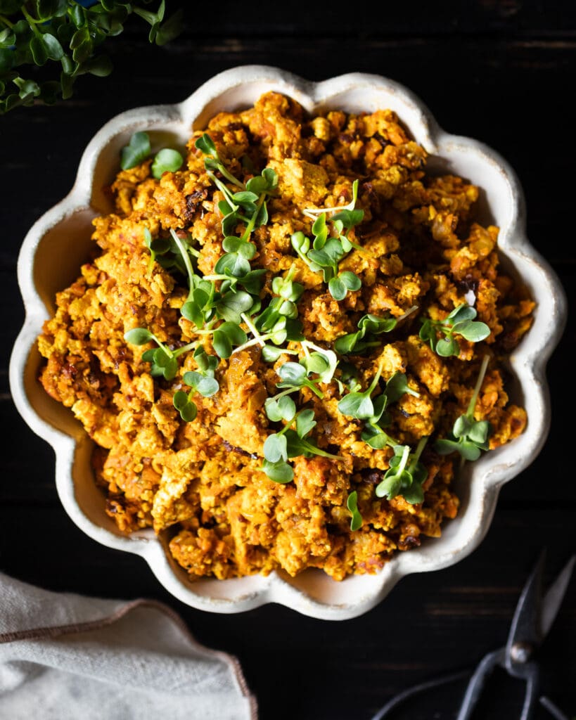 vegan aubergine scramble in bowl