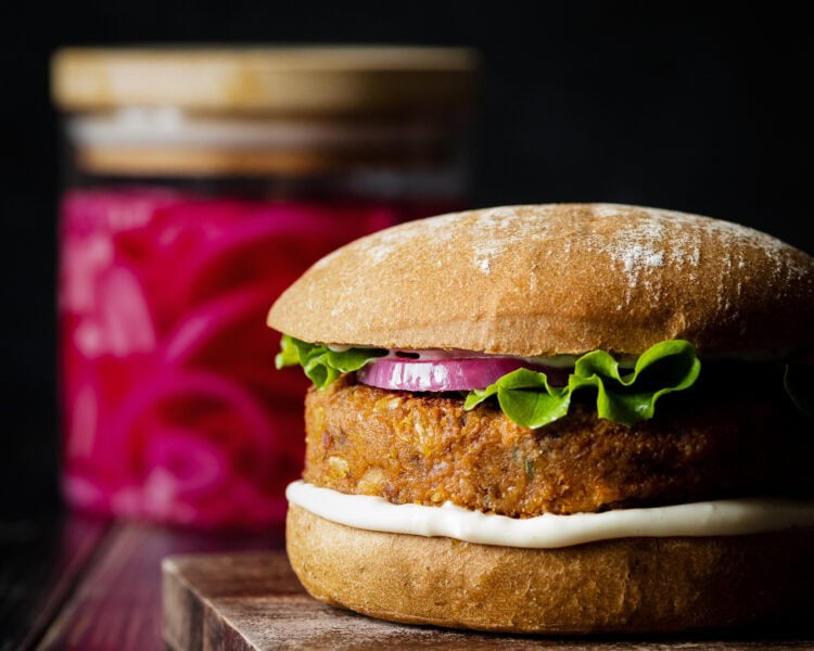 pink pickles onions with burger