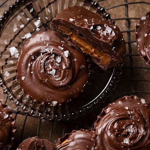 vegan almond butter cups with vego melts and flaky salt