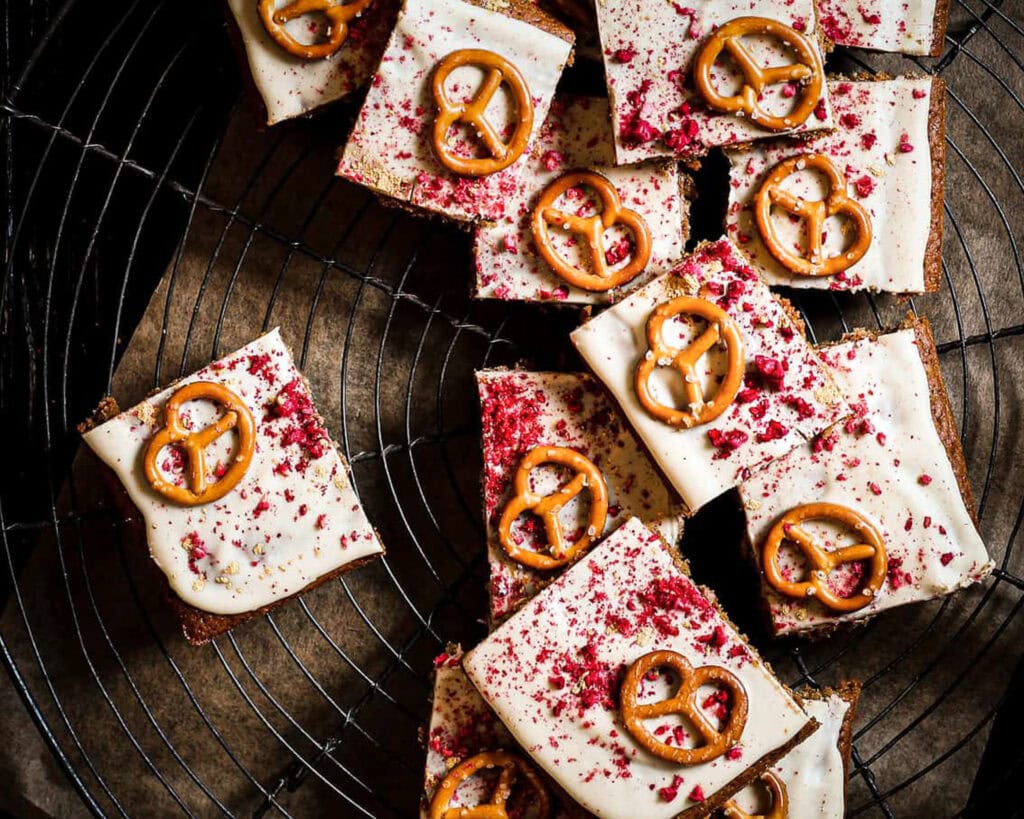 Raspberry Pretzel Sheet Cake with White Chocolate