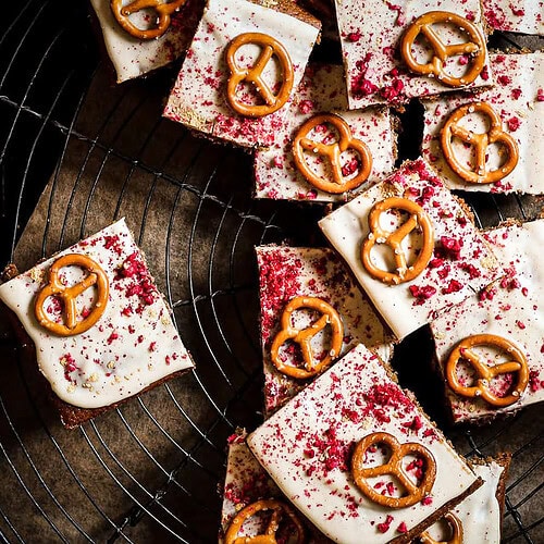 Raspberry Pretzel Sheet Cake with White Chocolate