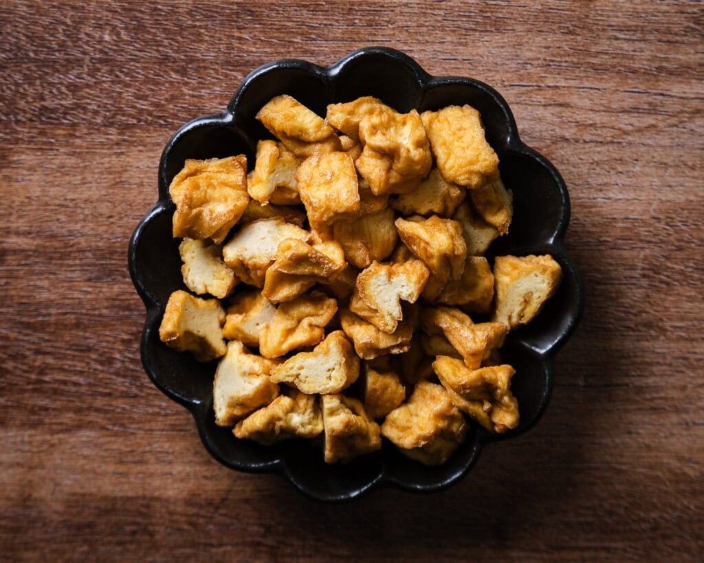Baked tofu from the Asian grocery store for glass noodle salad