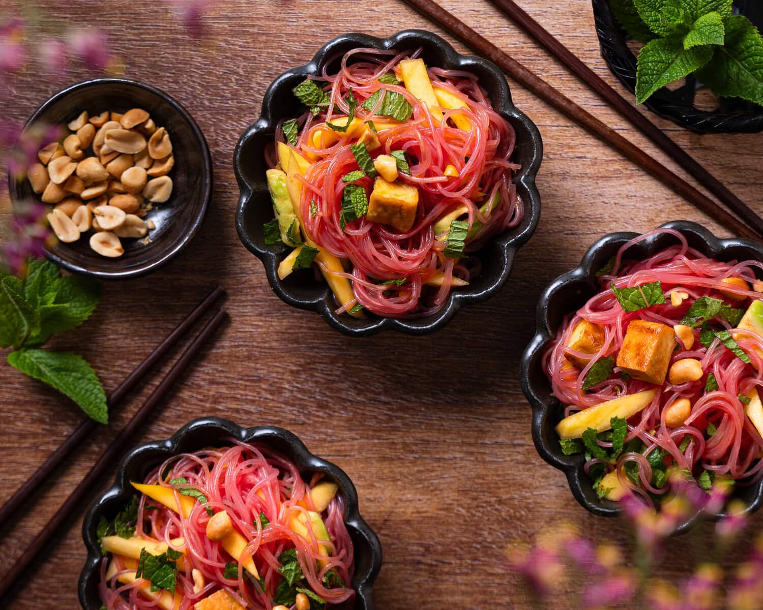Glass Noodle Salad with Mango and Avocado in small bowls
